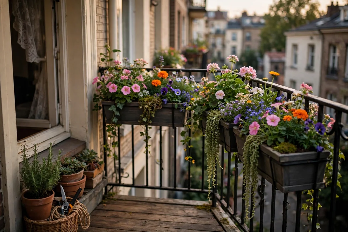 Railing planters with flowers on balcony