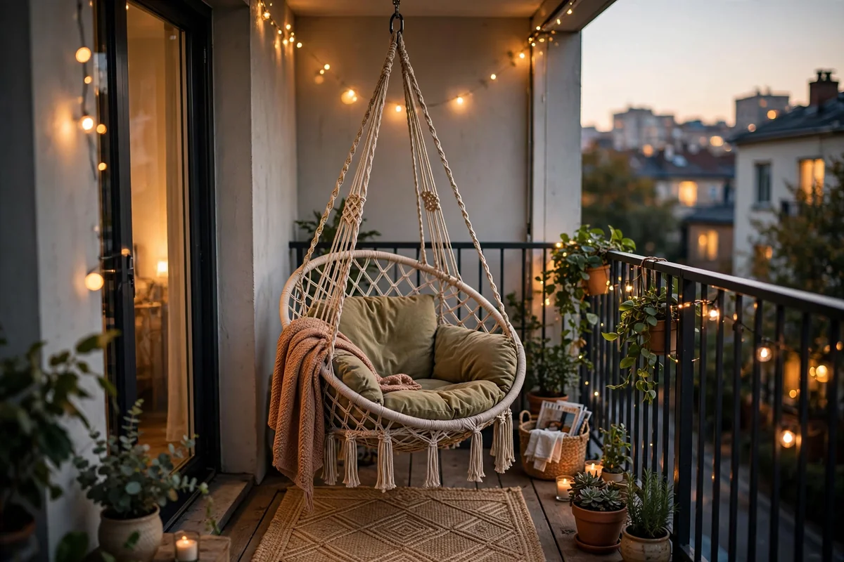 Hanging hammock chair on small balcony