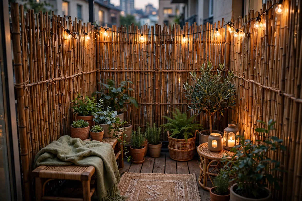 Bamboo privacy screen on small balcony