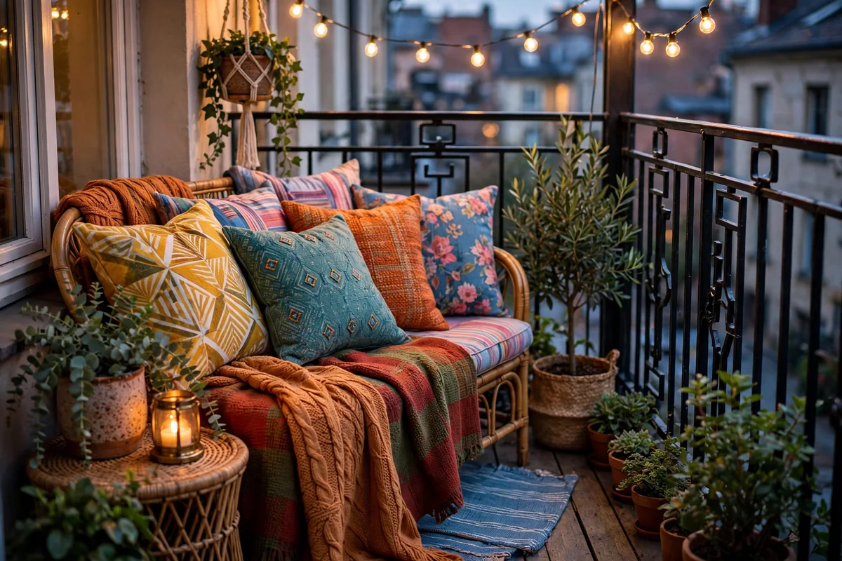 Layered textiles on small balcony furniture