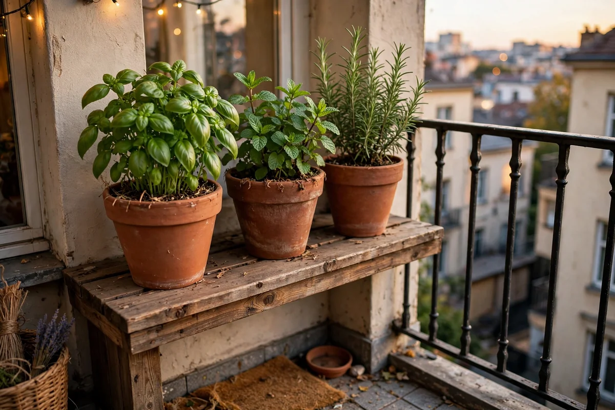 Herb garden in pots on small balcony