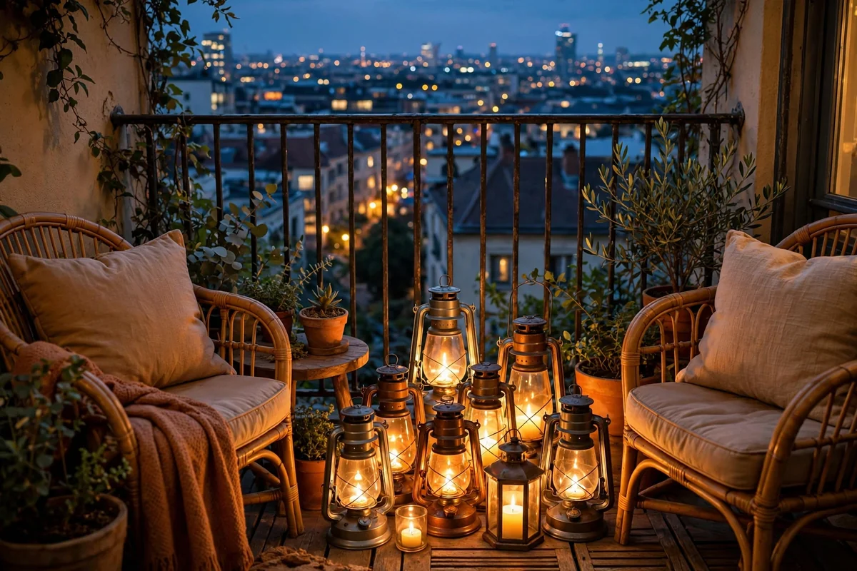 Lanterns glowing on small balcony at dusk
