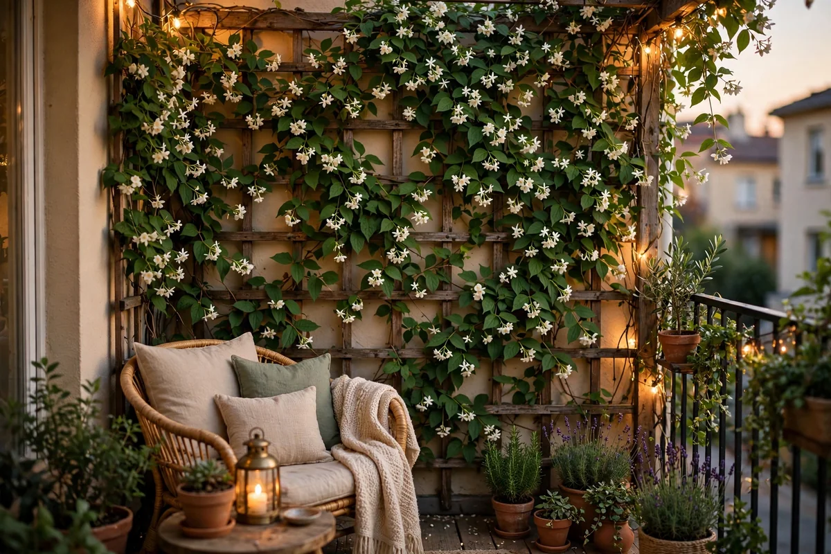 Climbing plants on balcony trellis