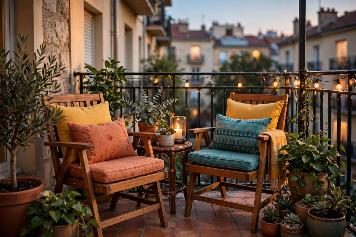 Colorful cushions on balcony chairs