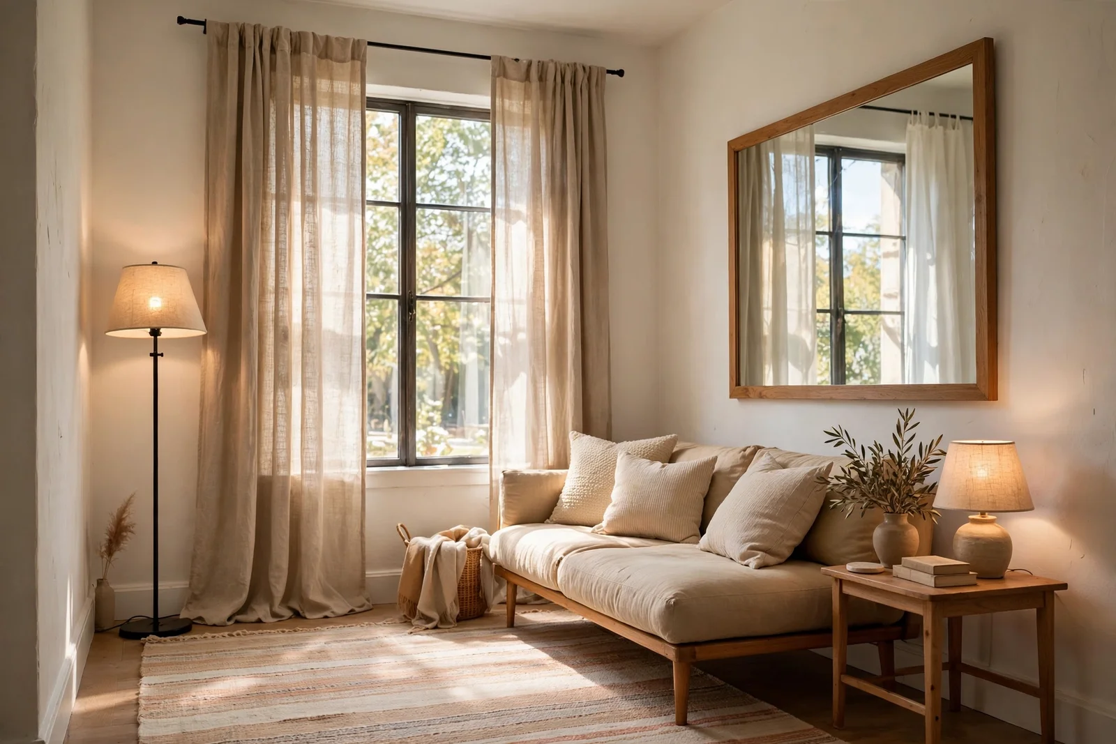 Small living room with pale walls, tall curtains, leggy sofa, large mirror and layered lamps glowing in daylight