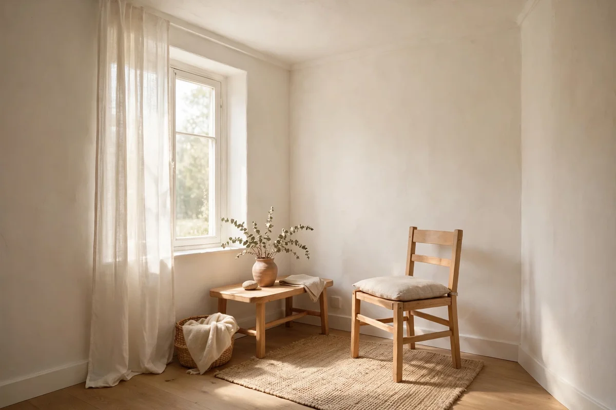 Pale warm white walls with a brighter ceiling in a small bright room