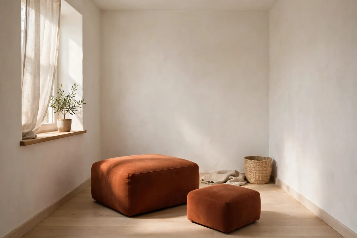 Terracotta ottoman and low dark accents kept near the floor of a pale room