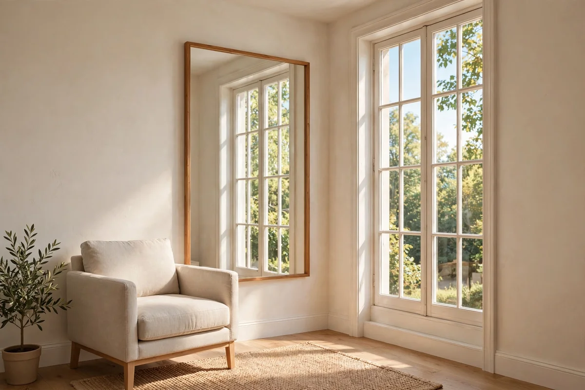 Large mirror beside a bright window reflecting daylight across a small room
