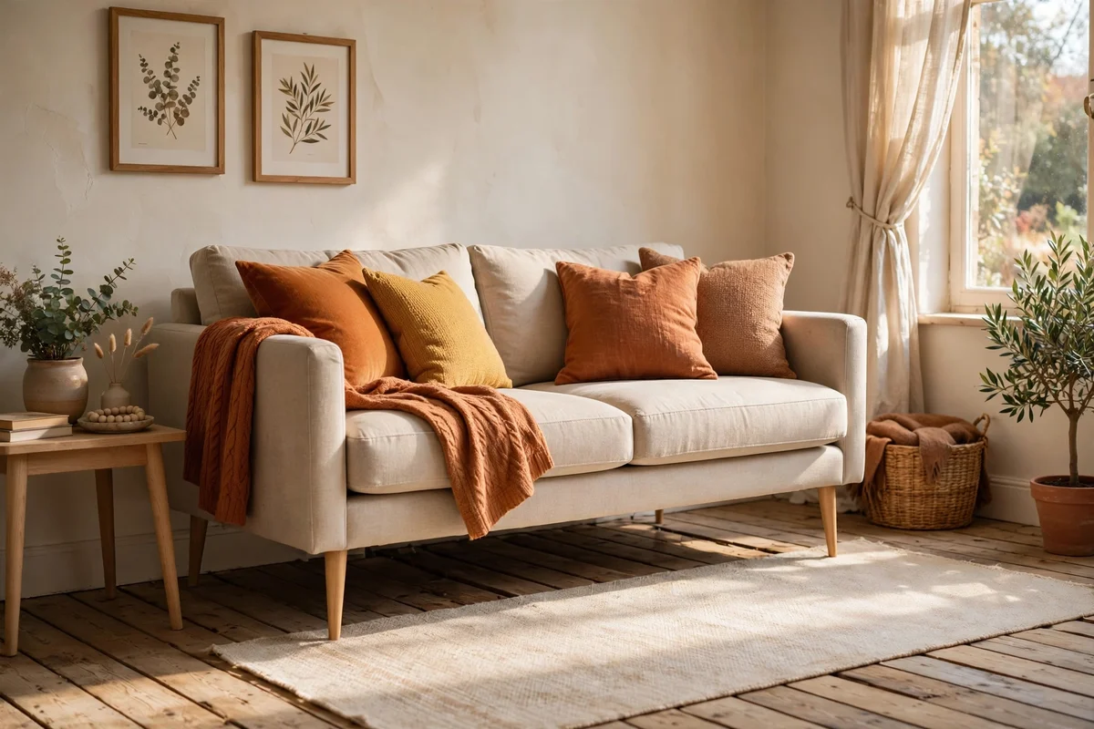 Sofa on slender tapered wooden legs with visible floor beneath in a small room