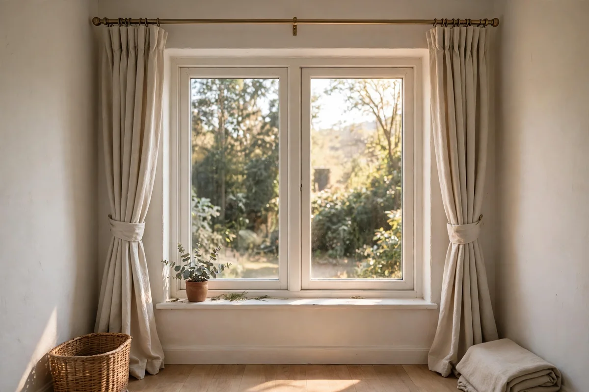 Curtain rod mounted high and wide above a window with linen panels stacked at the sides