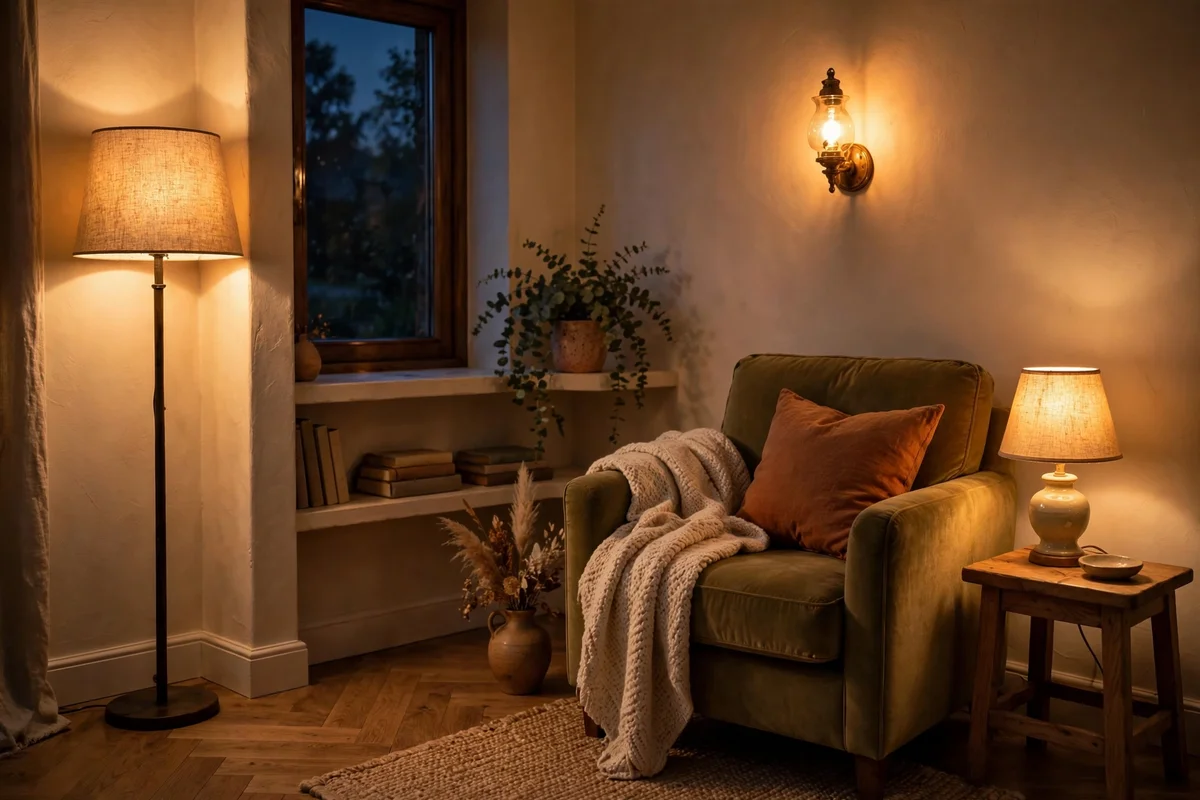 Small room lit by a floor lamp, table lamp and wall sconce with warm glowing shades