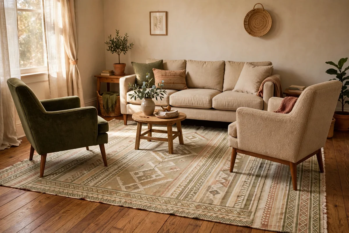 Large flatweave rug anchoring a sofa and chairs with front legs resting on it