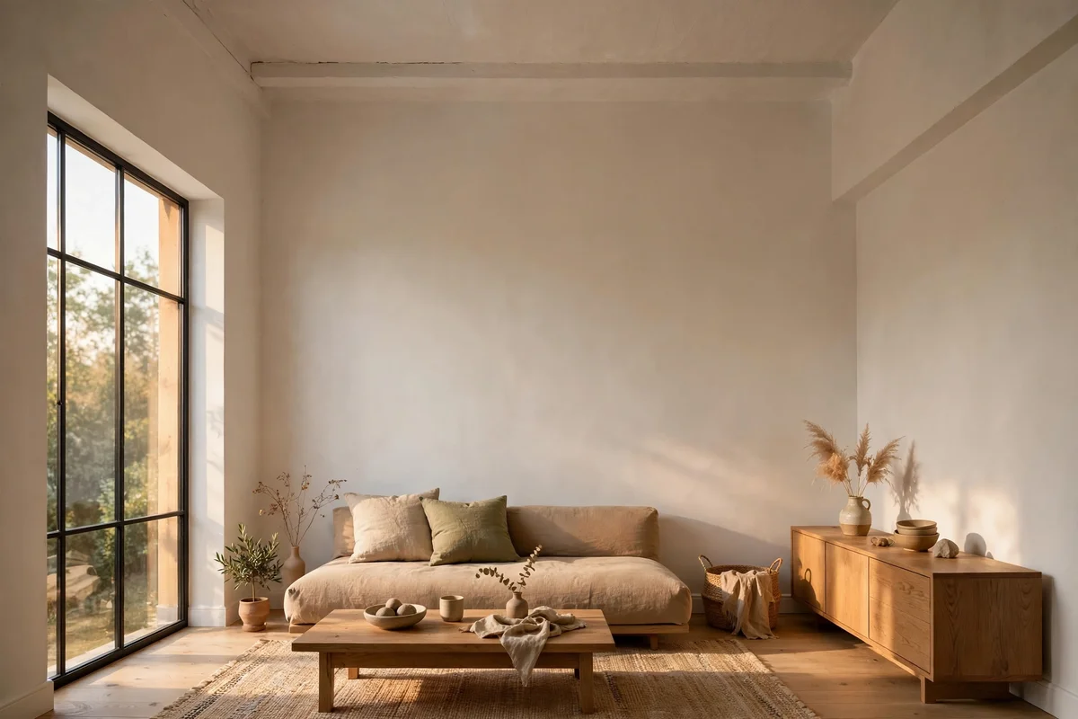 Small room with tall ceiling and low sofa, coffee table and sideboard leaving airy space above