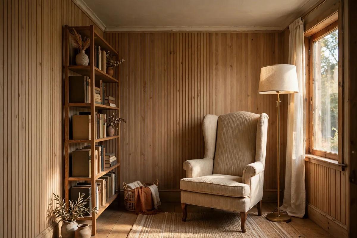Small room with low ceiling styled with upright armchairs, tall bookcase and floor lamp