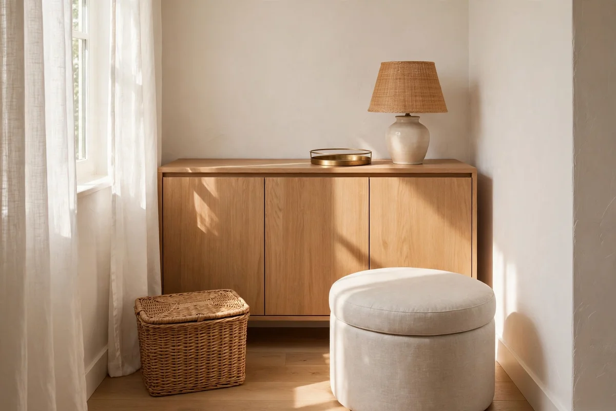 Tidy small room with clear surfaces and closed storage cabinets with plain fronts