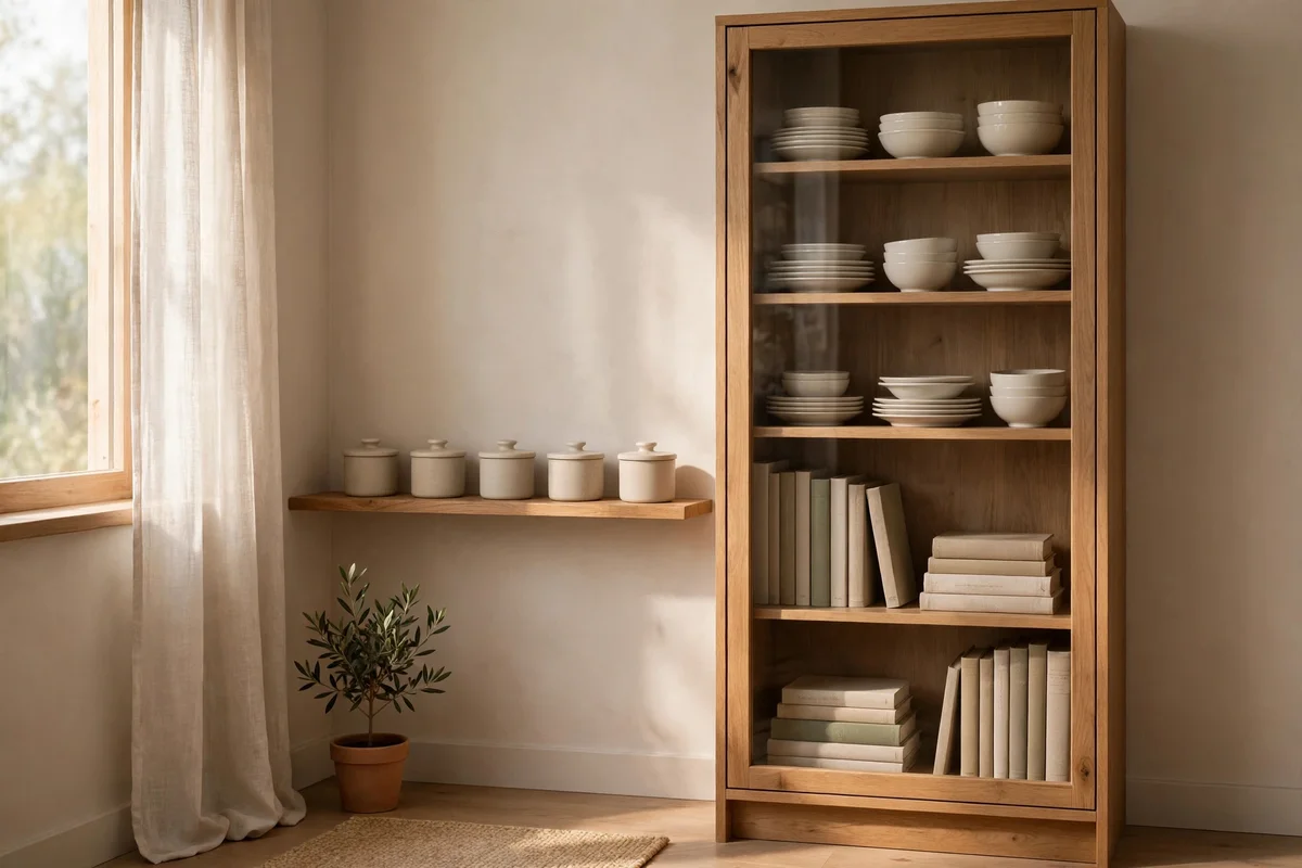 Single glass-fronted cabinet with neatly spaced dishes beside one short open shelf