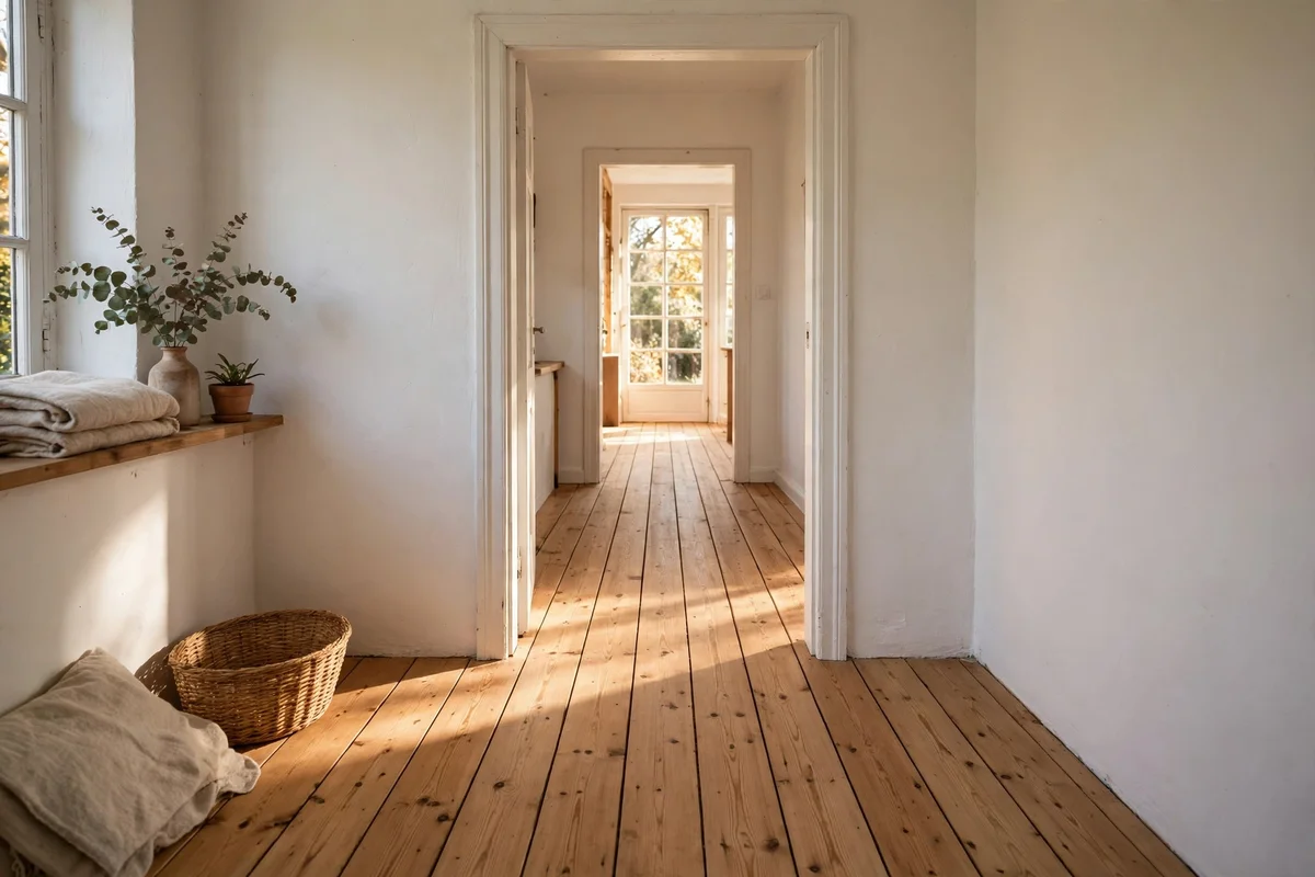 Continuous wooden floor running from a small room through a doorway into the hallway