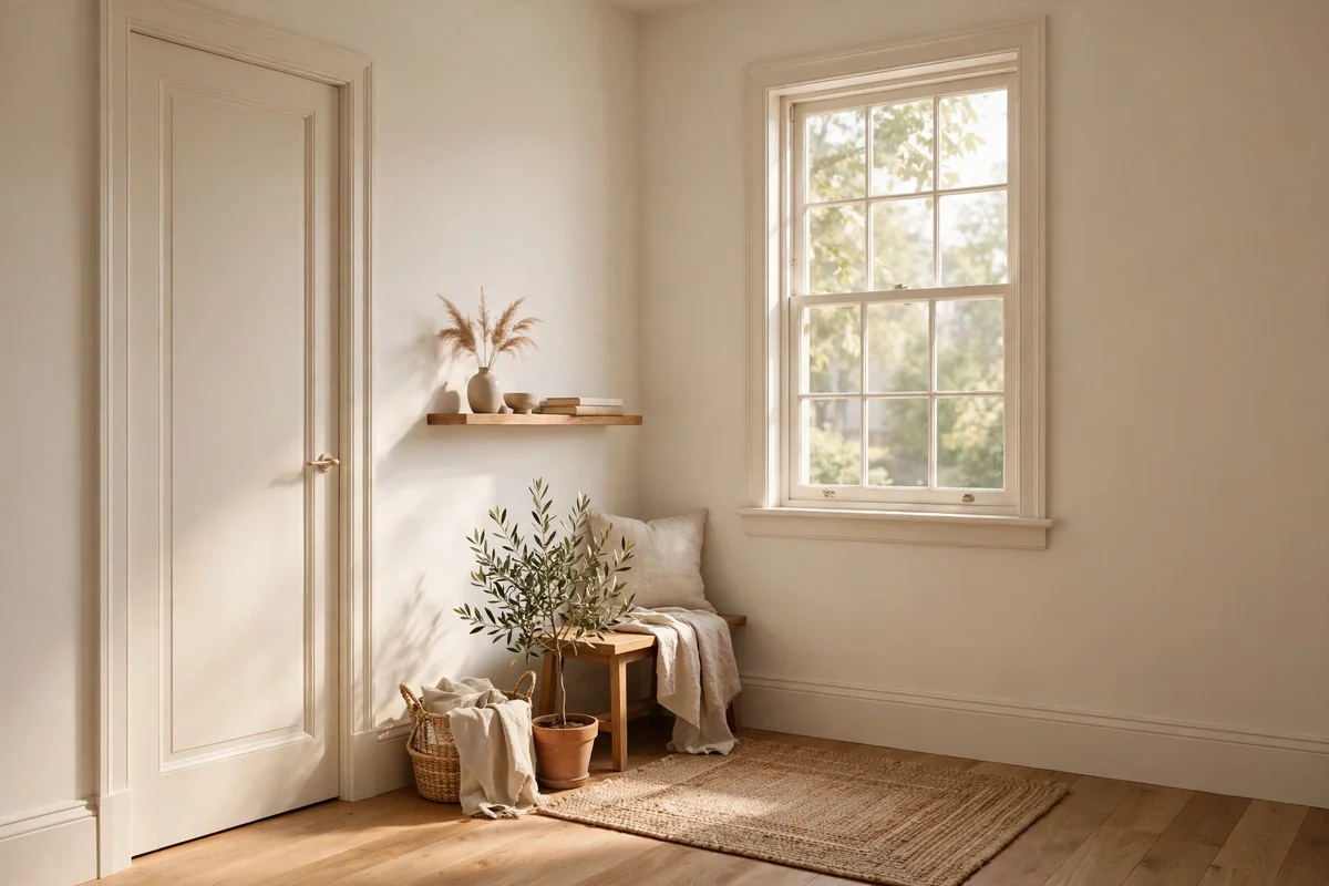 Interior door and skirting painted the same pale warm tone as the surrounding walls