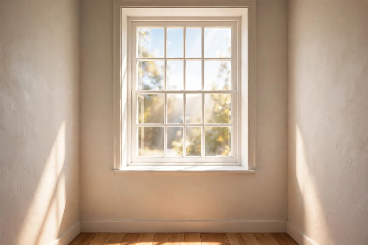 Bright window with slim pale frames and a completely clear sill letting in full daylight