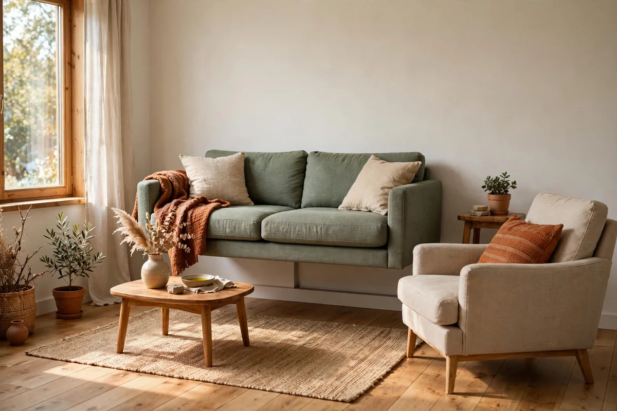 Sofa pulled slightly away from the wall with a soft shadow line visible behind it