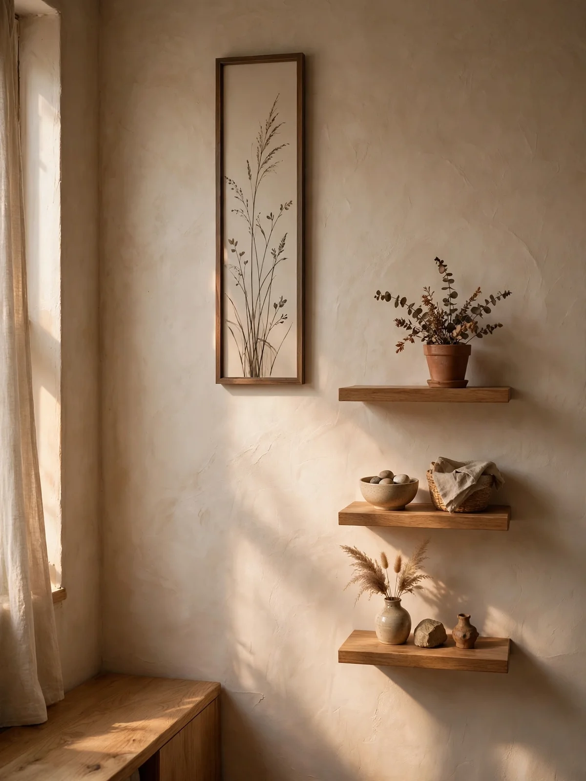 Tall narrow artwork hanging high on a wall drawing the eye upward in a small room
