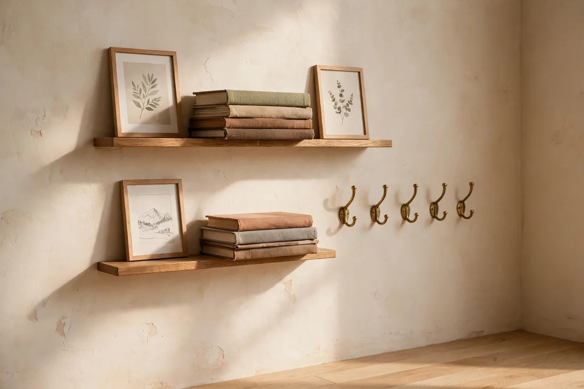 Slim wooden picture ledge holding layered books and small frames above a clear wall