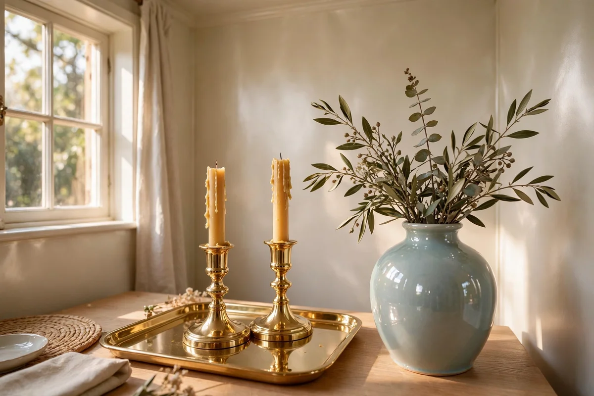 Small room glowing with satin paint, brass accents and a glossy ceramic vase catching light