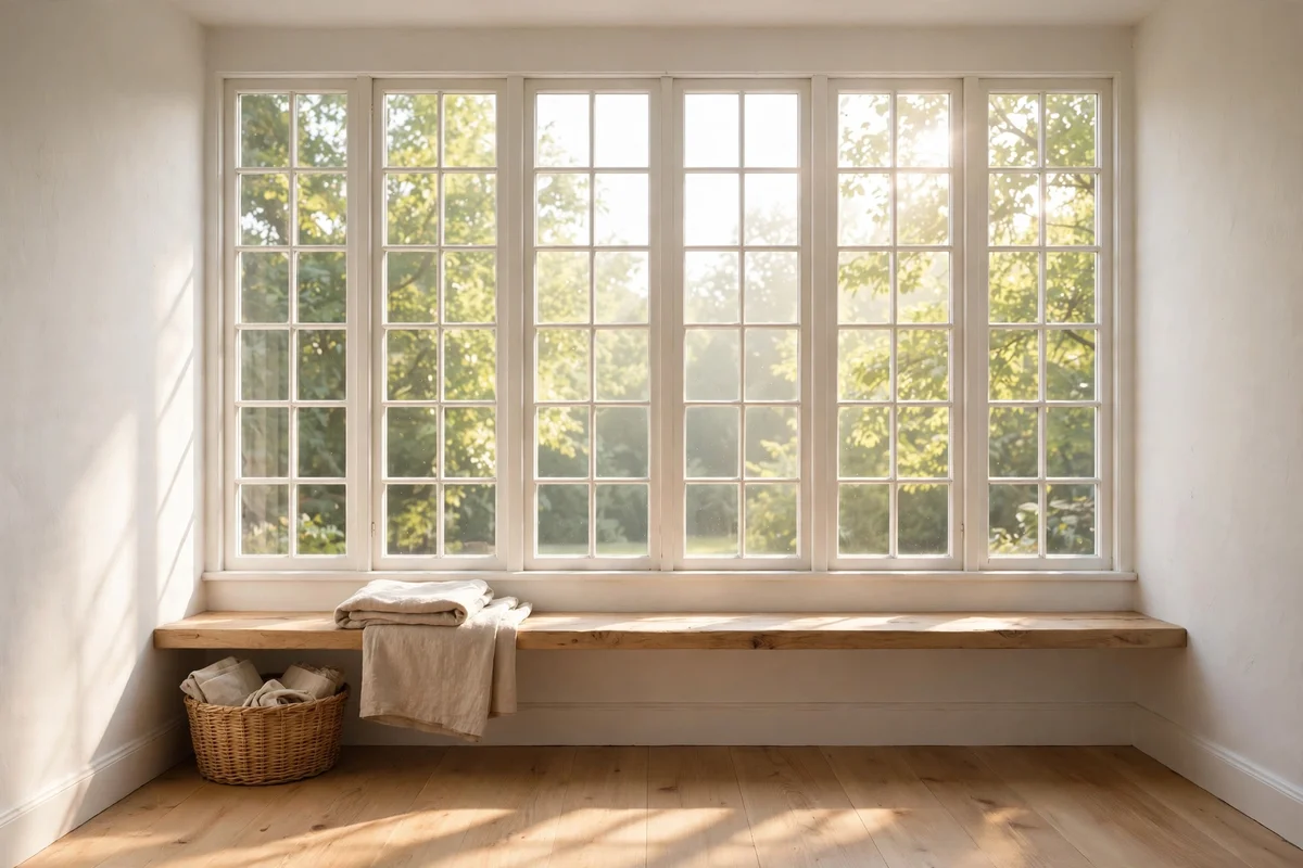 Window wall kept bright and clear with only a low bench beneath the sill