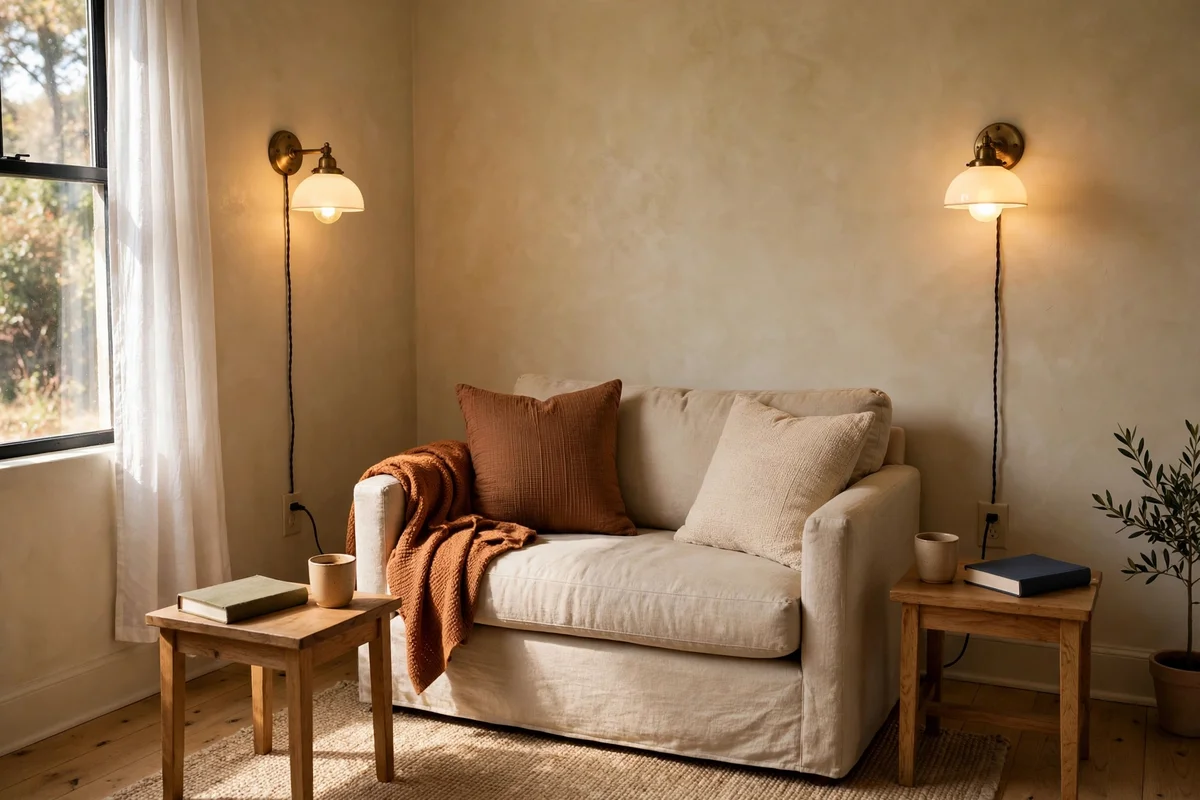 Pair of plug-in wall sconces flanking a sofa with clear bedside tables below
