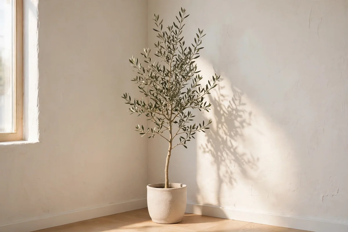 Single tall slender olive tree in a ceramic pot catching daylight in a small room corner
