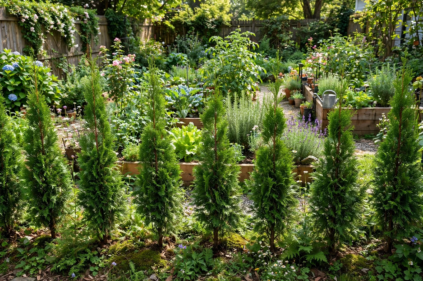 Row of small evergreen privacy trees screening a sunny backyard garden