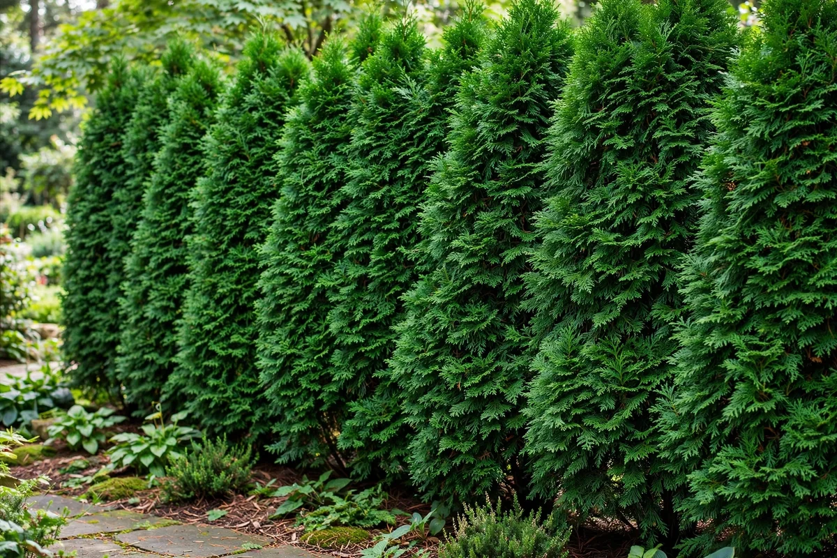 Emerald green arborvitae privacy hedge