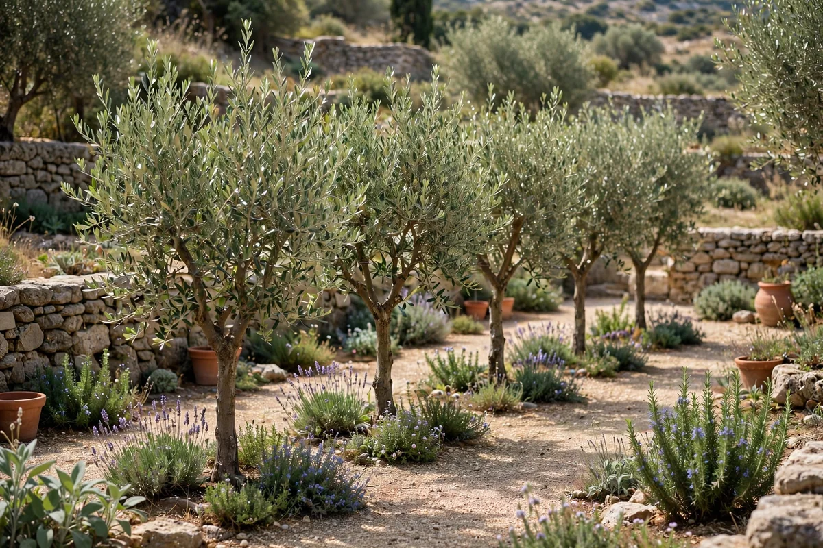 Small olive trees in a row