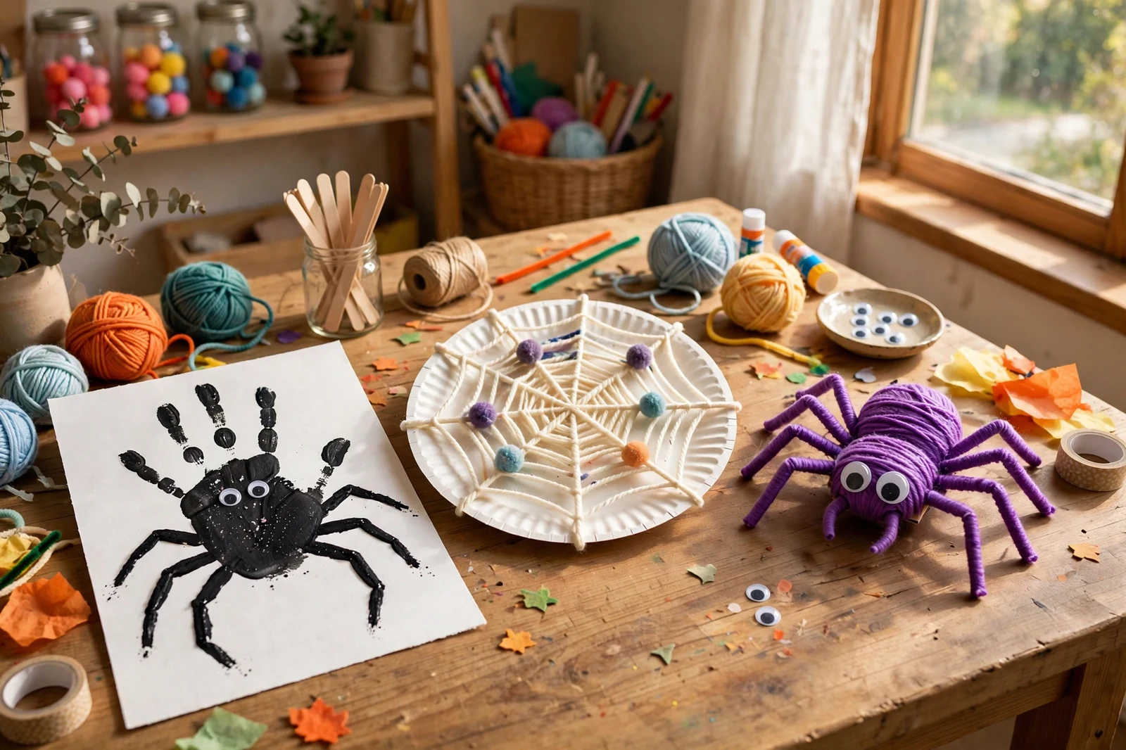 Colorful finished spider handprint kids crafts displayed on a wooden table