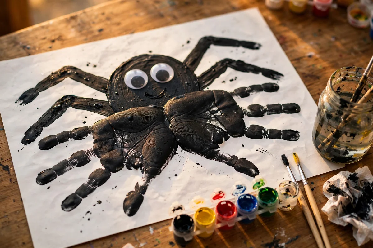 Black handprint spider craft with googly eyes on white paper