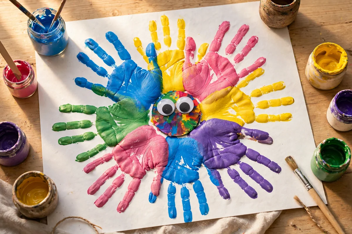 Rainbow colored handprint spider craft on white paper