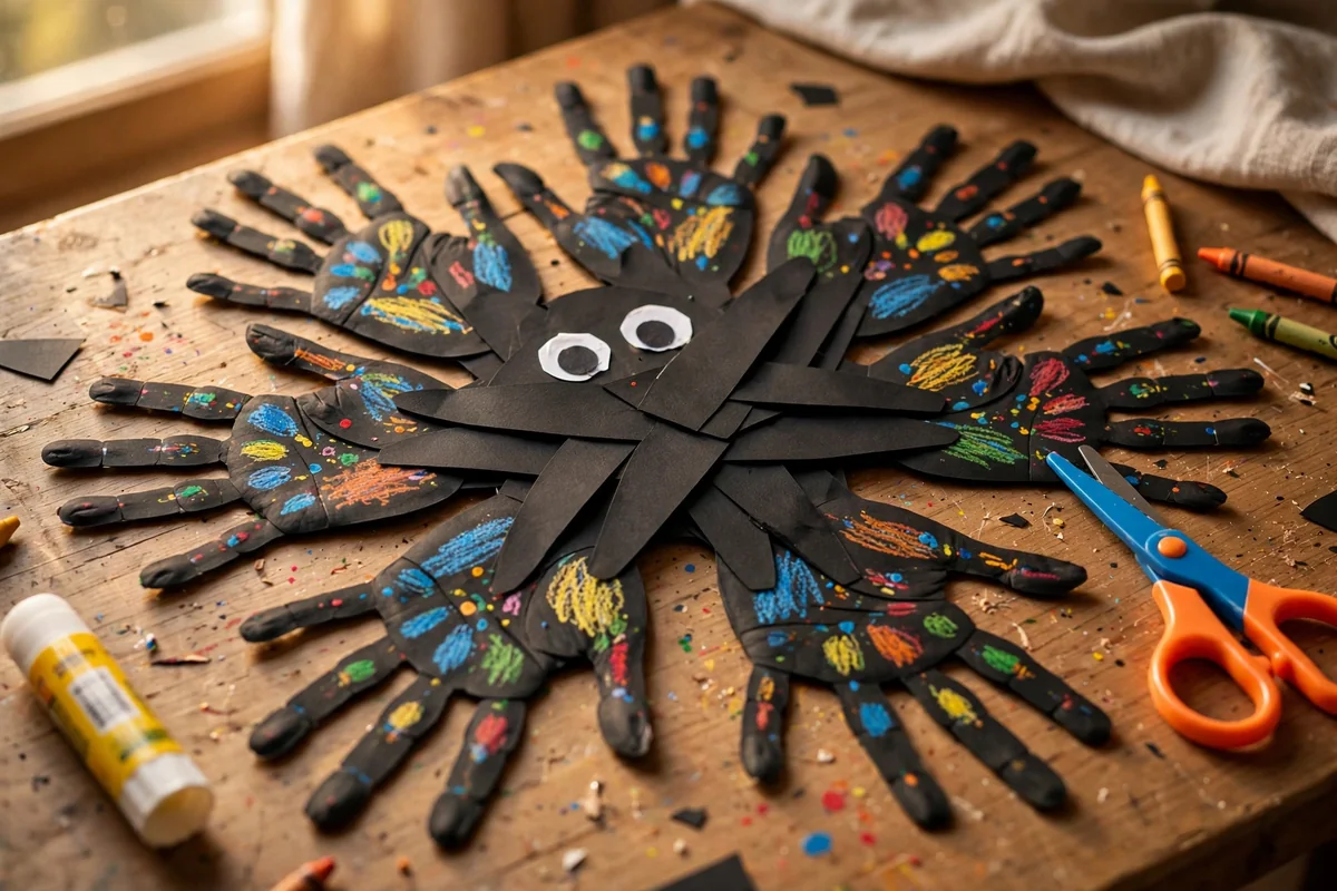 Traced paper handprint spider made from black construction paper