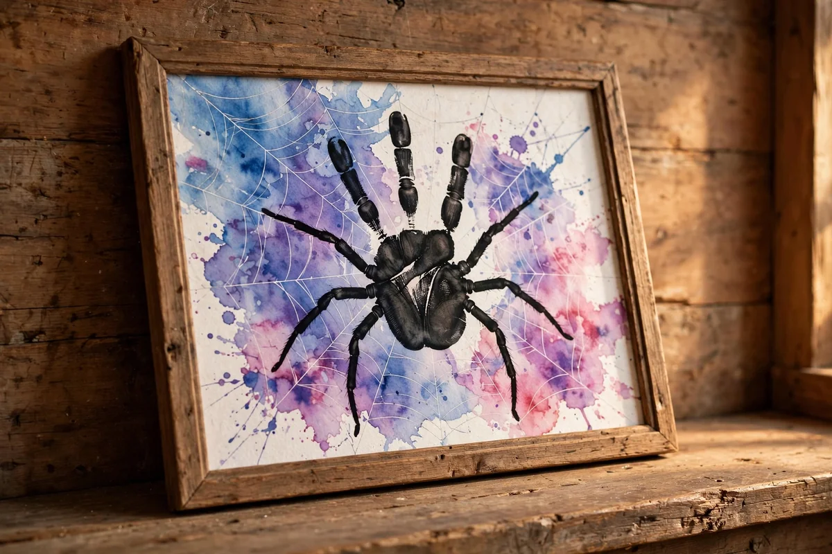 Handprint spider on a watercolor web background in a frame