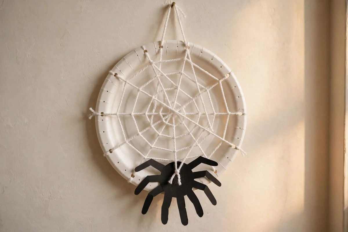 Paper plate spider web craft with yarn and paper spider