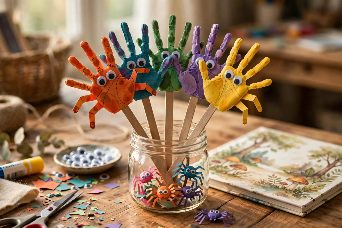 Spider handprint puppets on wooden craft sticks in a jar