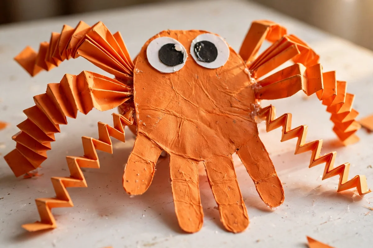 Spider craft with orange accordion-folded paper legs