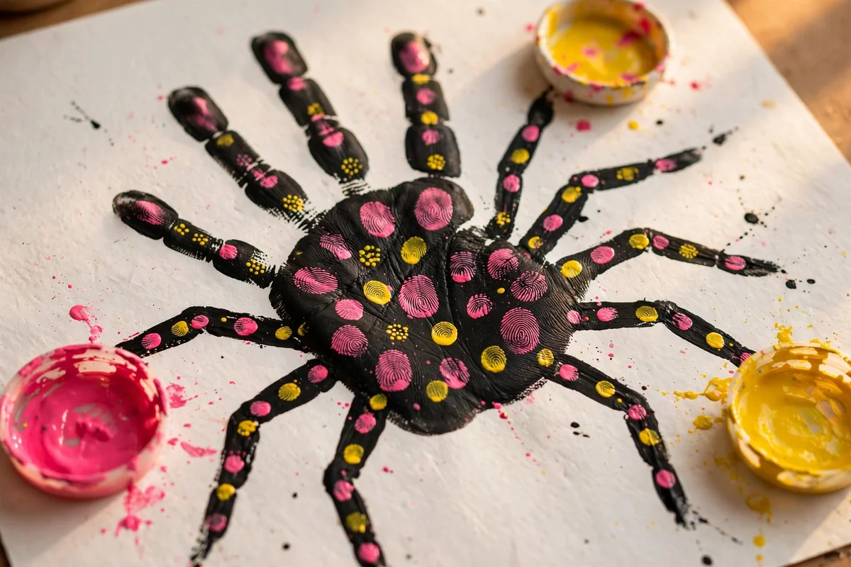Black handprint spider decorated with colorful fingerprint dots