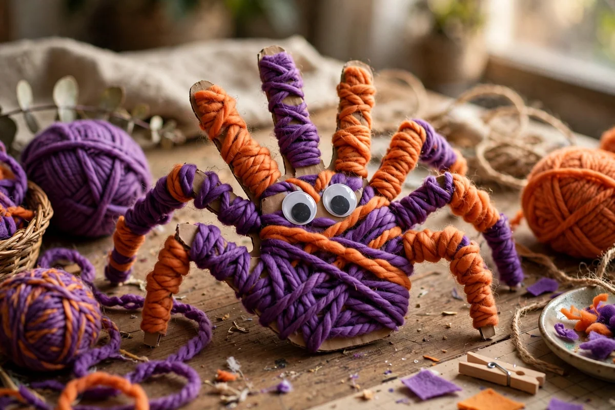Yarn-wrapped cardboard handprint spider with googly eyes