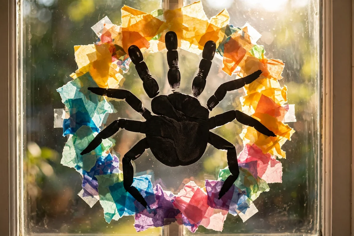 Spider handprint sun catcher glowing on a sunny window