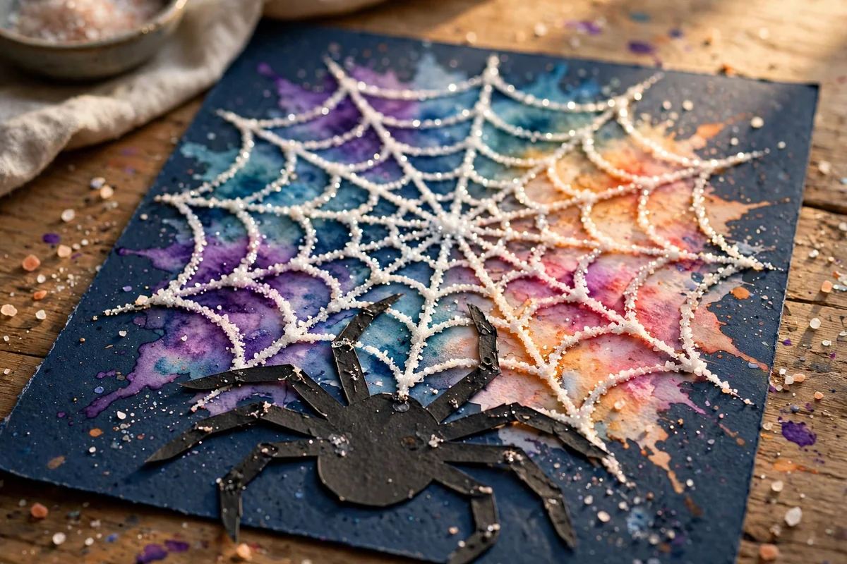 Salt-painted spider web with watercolor and paper spider
