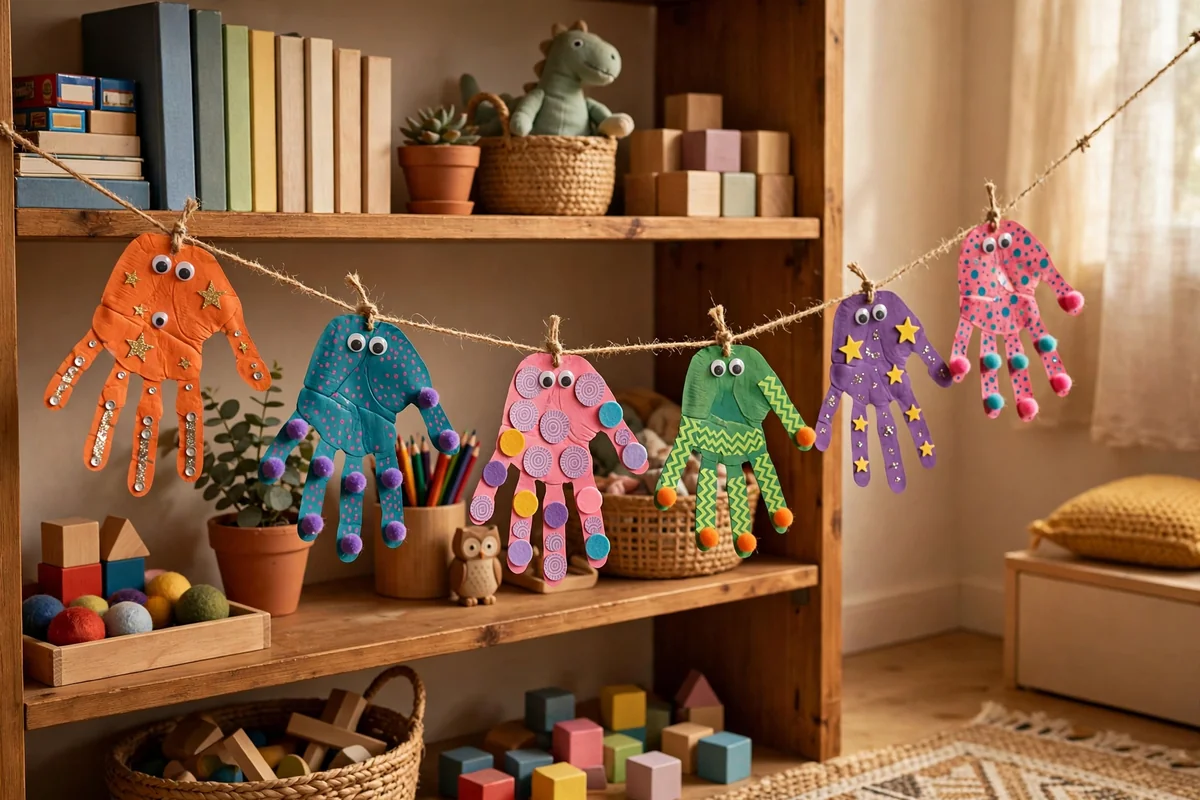Garland of colorful paper handprint spiders on twine