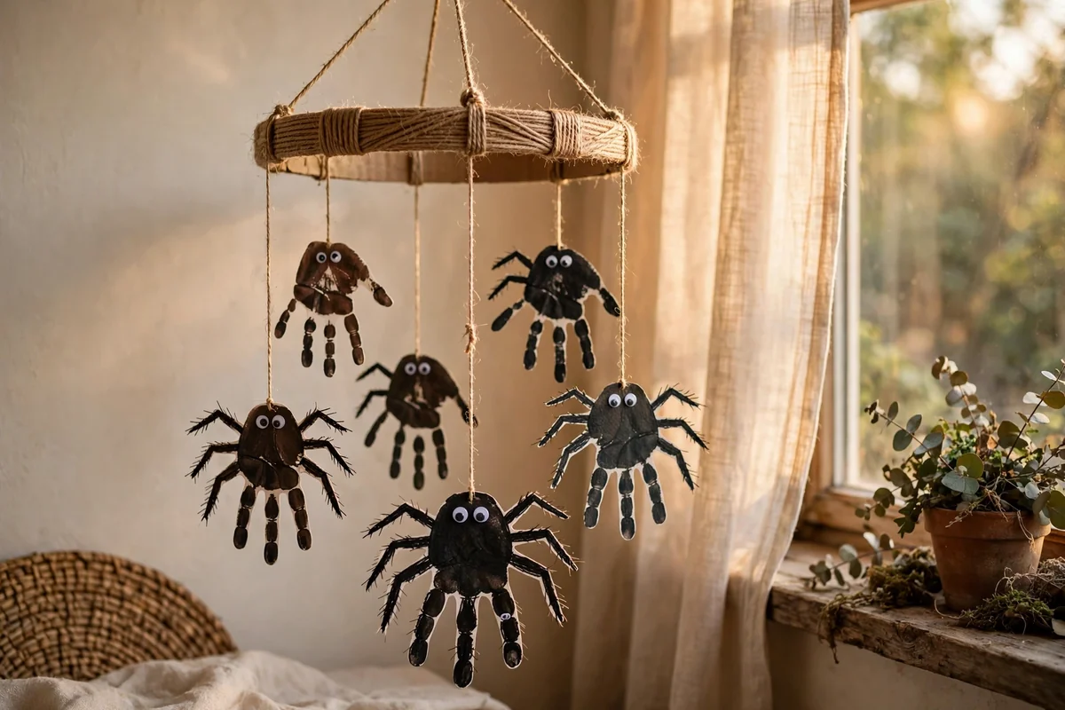 Paper handprint spider mobile hanging near a window