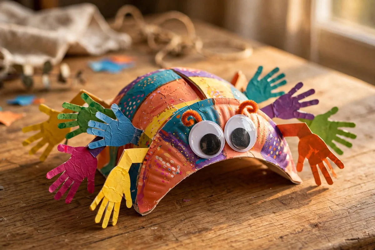 Rocking spider craft made from a folded painted paper plate