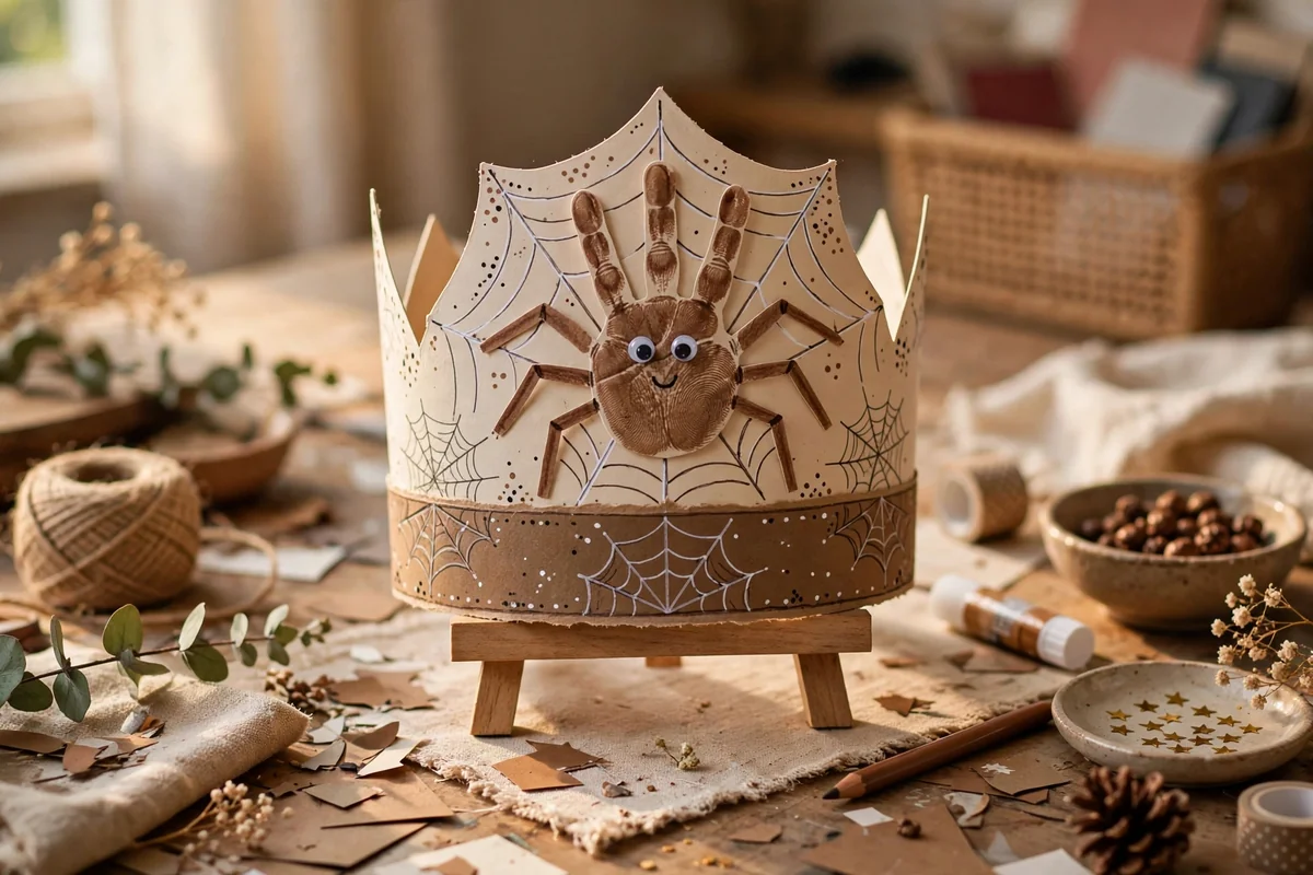 Wearable spider handprint crown headband on a stand