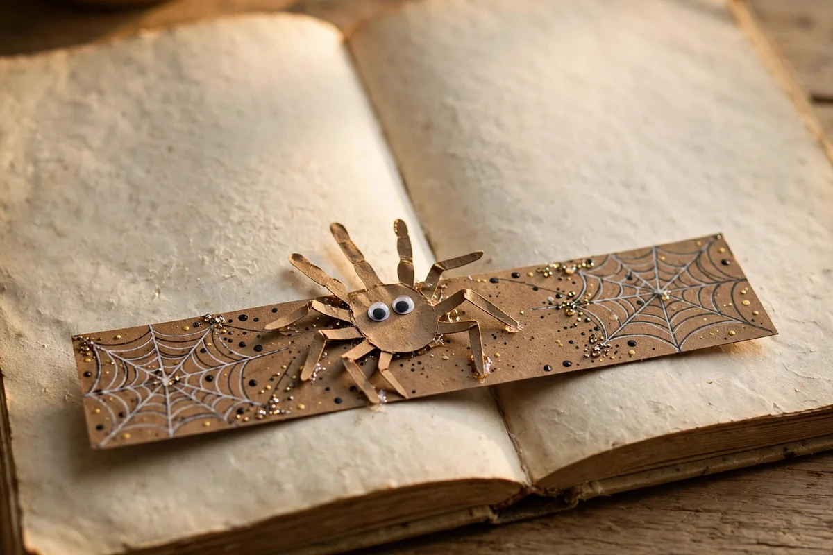Spider handprint bookmark on an open storybook